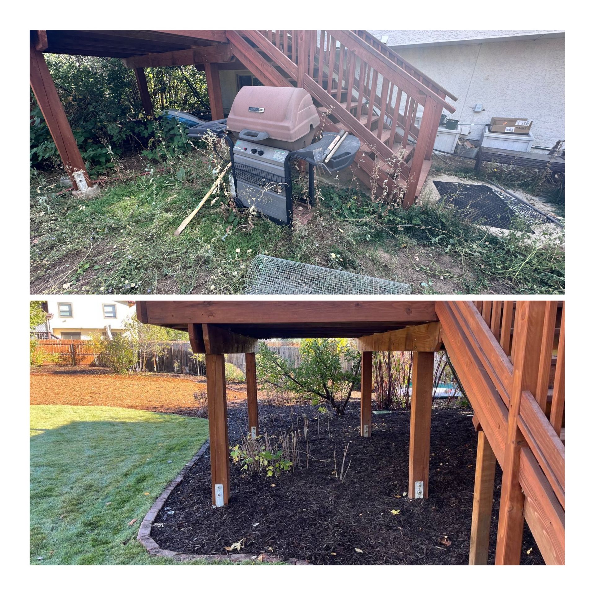 Before and after of a backyard grill area under a deck, with cleared debris and fresh landscaping.