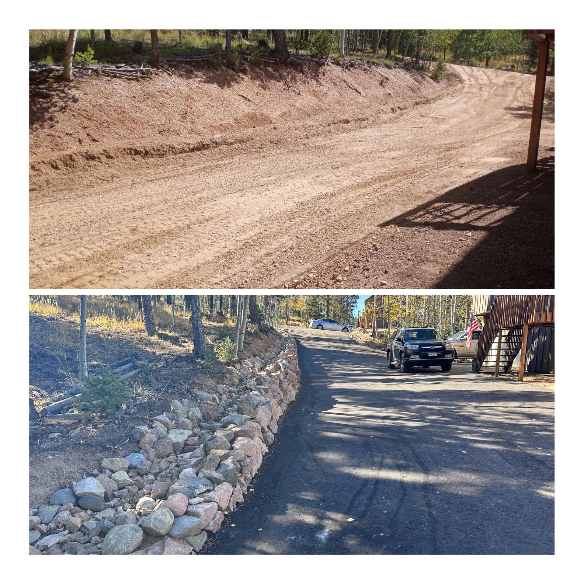 Two side-by-side views of a dirt road improvement, one freshly graded and one lined with rocks, with a vehicle ahead