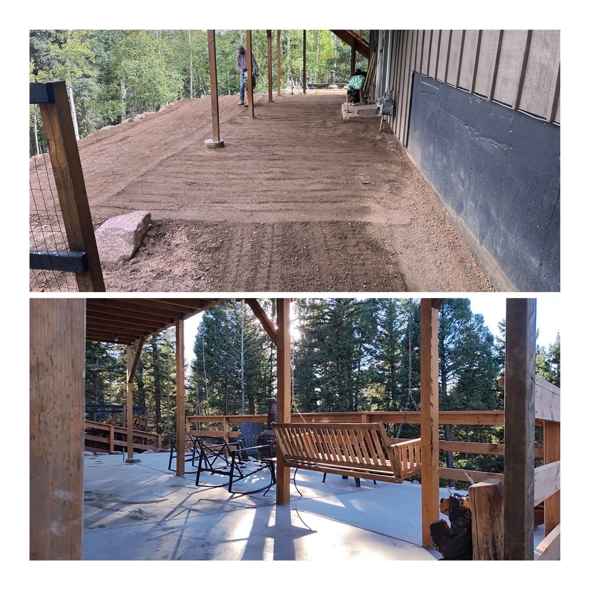 Two views of a cabin porch area: dirt ground and a covered deck with chairs overlooking trees and snow.