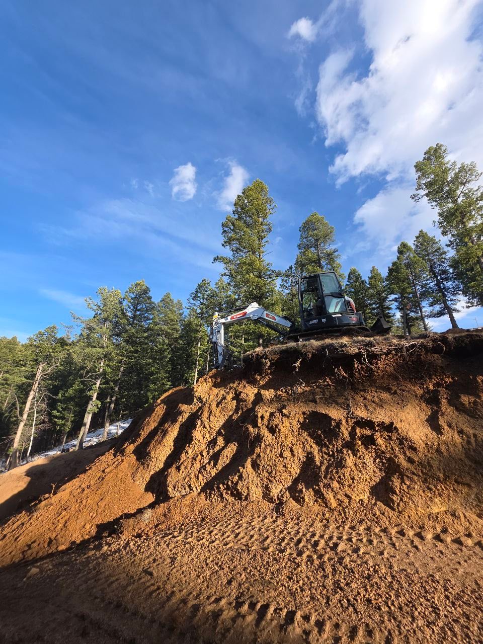 Steep orange dirt cliff below pine trees and a blue sky, with a small cabin at the top