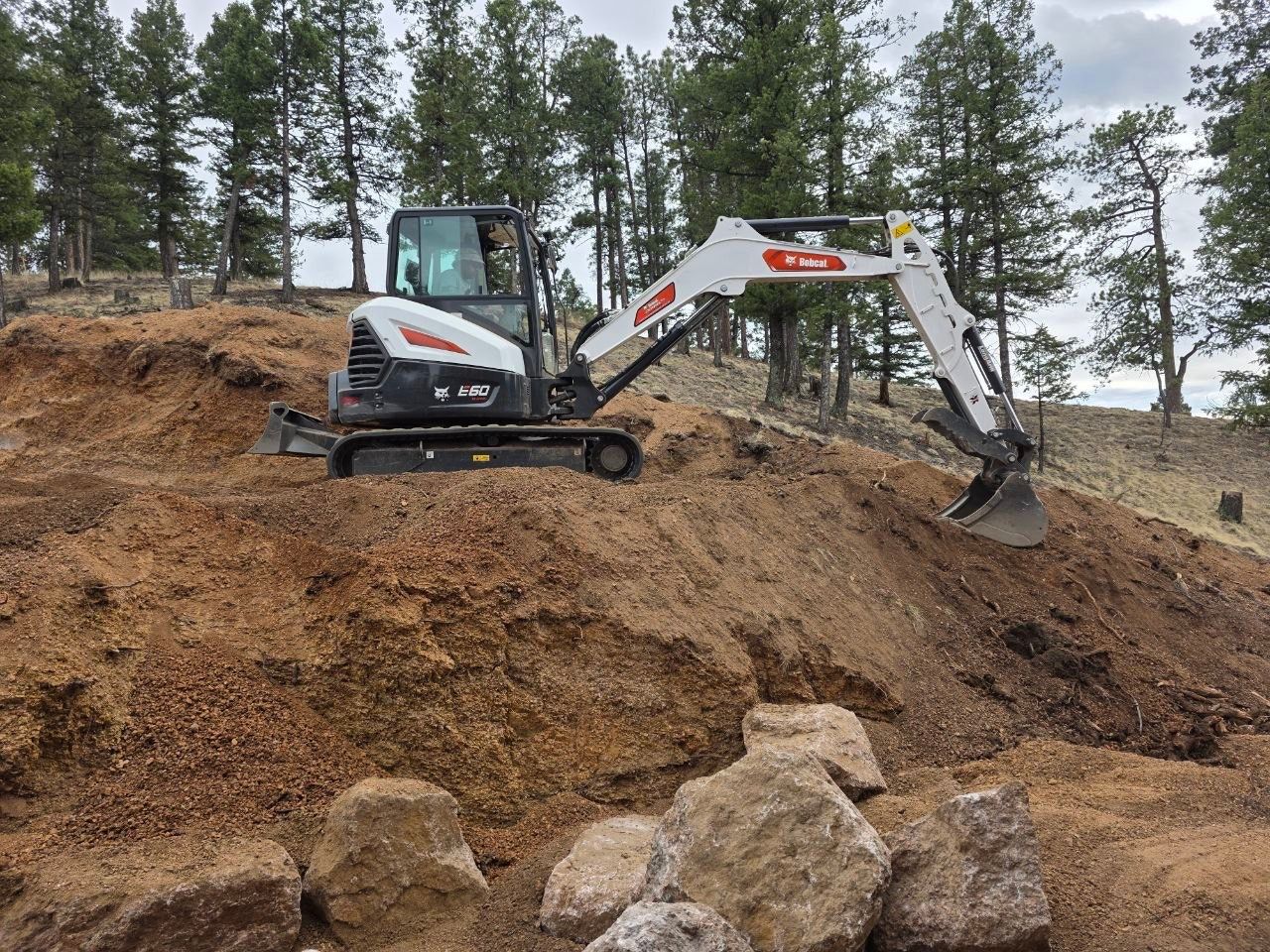 Excavator working on a dirt slope with trees in the background
