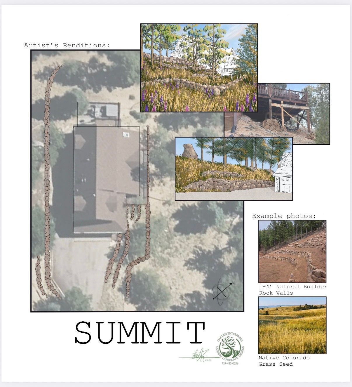 Summit landscape board with aerial site map and photos of trees, path, hillside, and open field