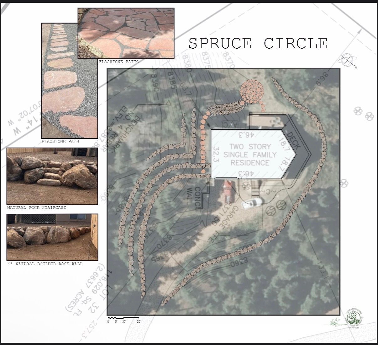 Spruce Circle landscape plan with aerial map, trail layout, and small inset photos of stonework and logs