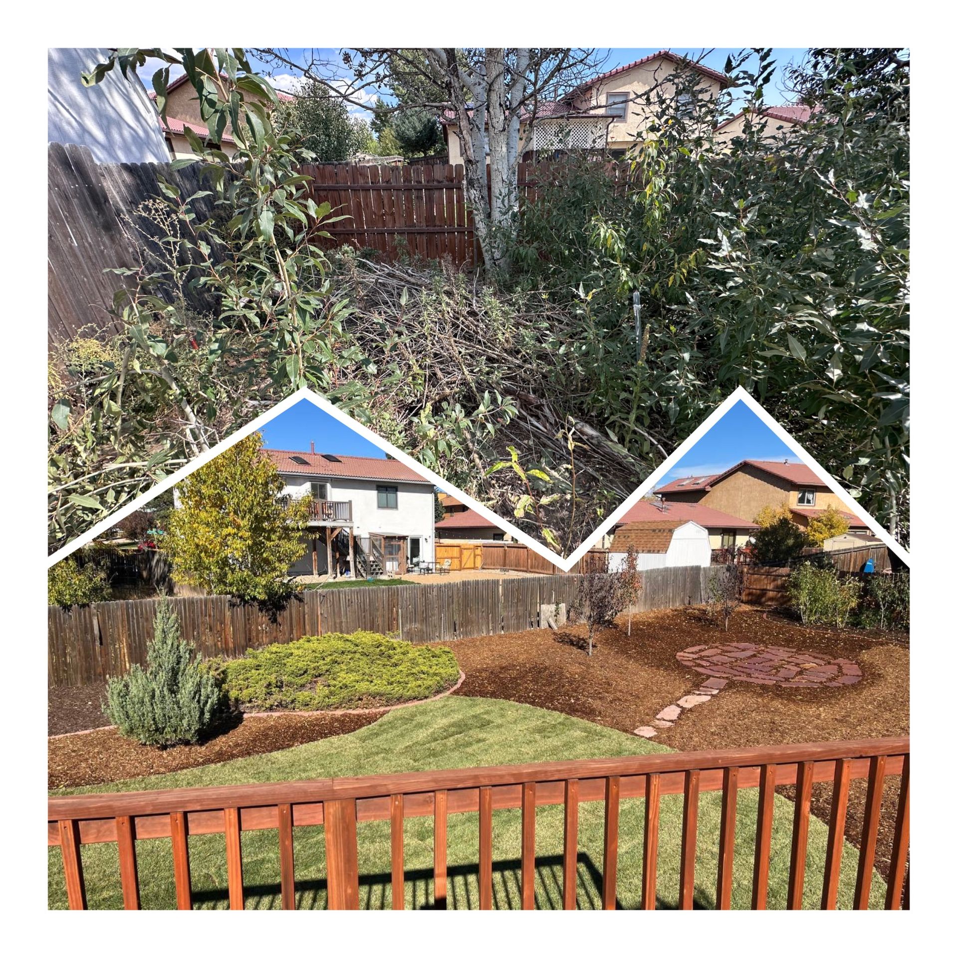 Backyard garden collage with before-and-after view and two home photos in the center