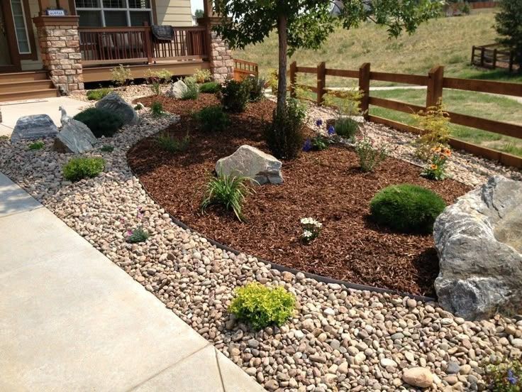 Landscaped front yard with rocks, mulch, shrubs, and a wooden fence beside a house and walkway