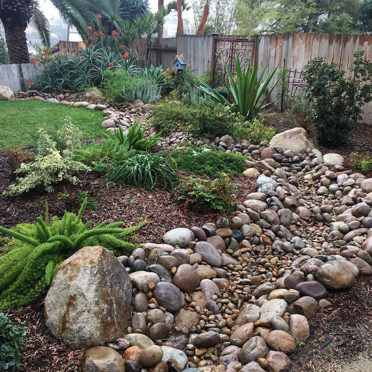 Backyard garden with a dry rock creek bed, smooth stones, and green shrubs along a wooden fence