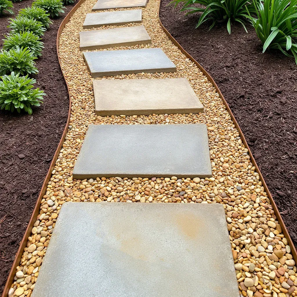 Stepping stone path with gray pavers and pebbles curving through a landscaped garden