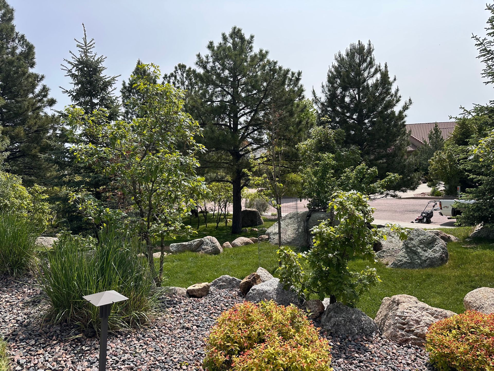 Landscaped park with trees, rocks, flower beds, and a paved path under bright daylight