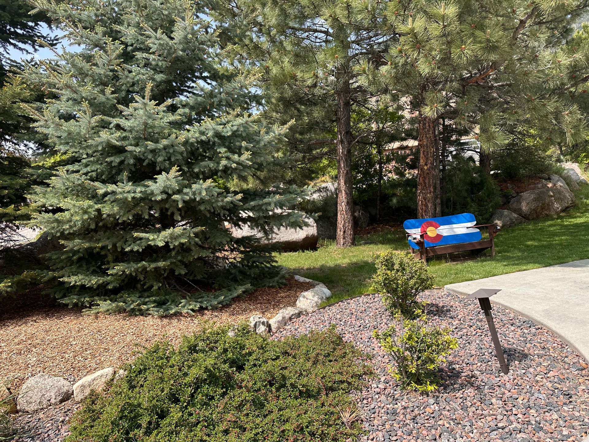 Backyard with evergreen trees, gravel path, flower bed, and a colorful bench in the grass