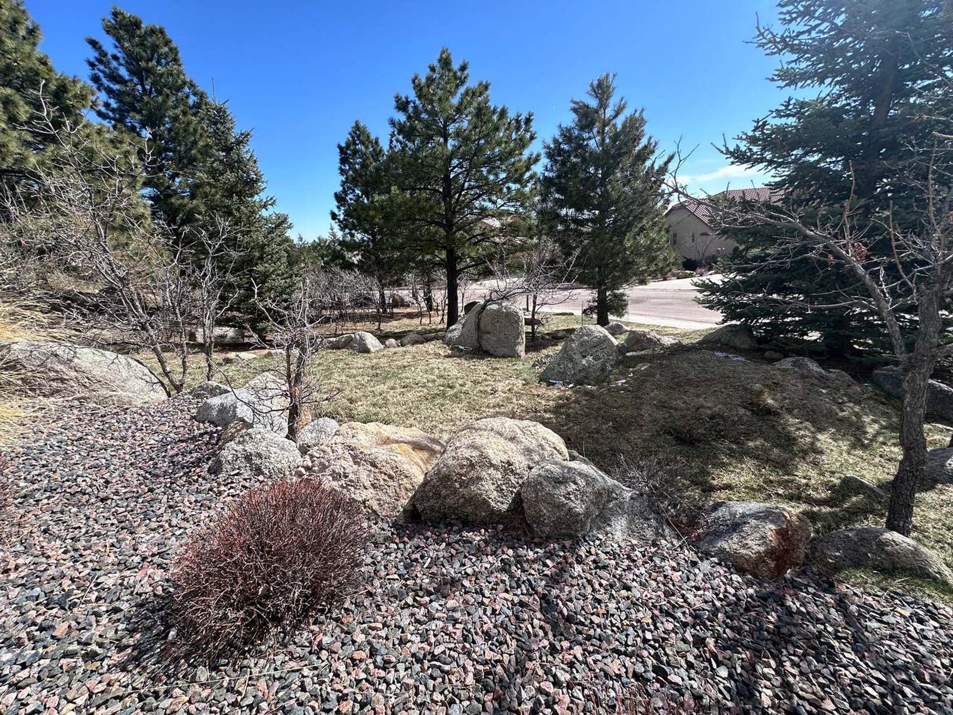 A rocky area with trees and a house in the background