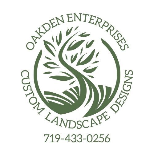 The logo for oakden enterprises custom landscape designs has a tree in the middle of a circle.