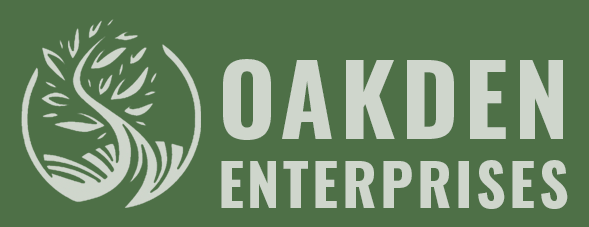 Logo for Oakden Enterprises: a tree graphic inside a circle with the company name, all on a green background.