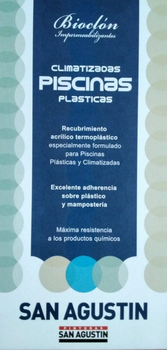 Etiqueta de producto de pintura para piscinas “Bioclón” con texto y fondo azul claro y blanco.
