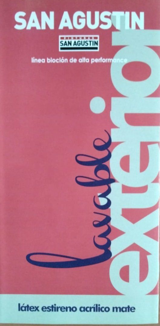 Etiqueta para lata de pintura rosa para uso exterior con el nombre “San Agustín” y la palabra “Lavable” en cursiva.