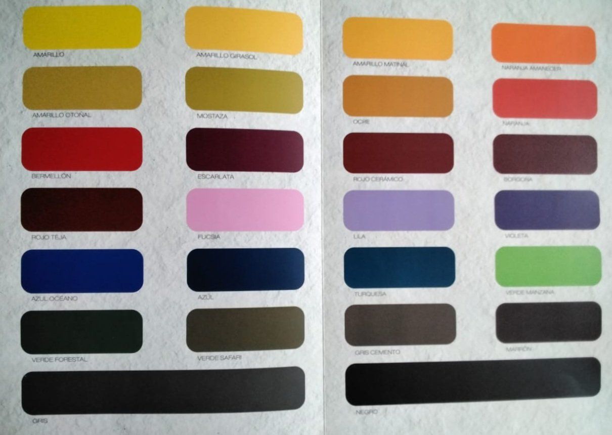 Muestras de color en varios tonos: amarillo, naranja, rojo, rosa, azul, verde y marrón.