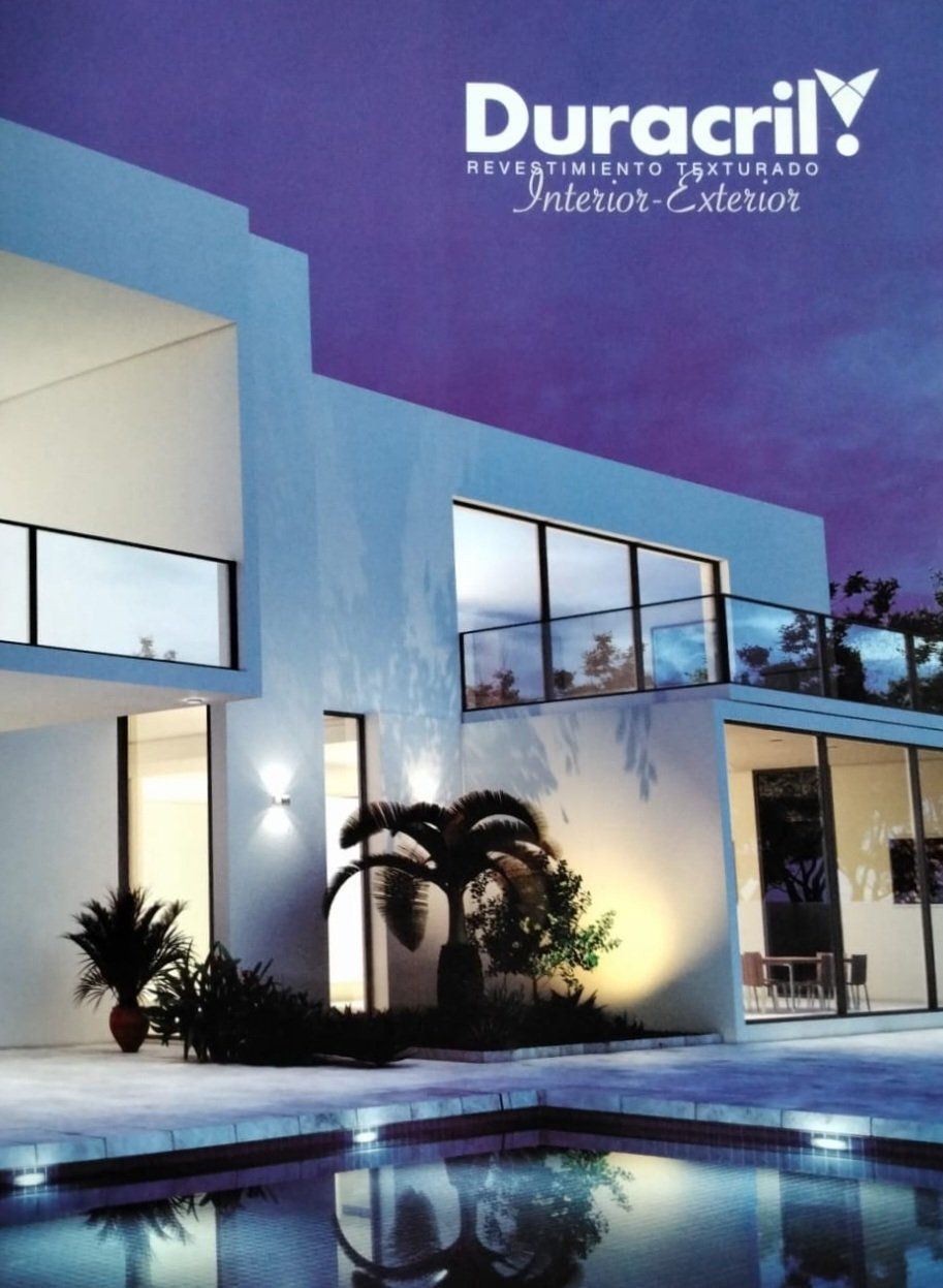 Moderna casa blanca con barandillas de cristal y piscina, bajo un cielo púrpura. Logotipo de Duracril en la parte superior.