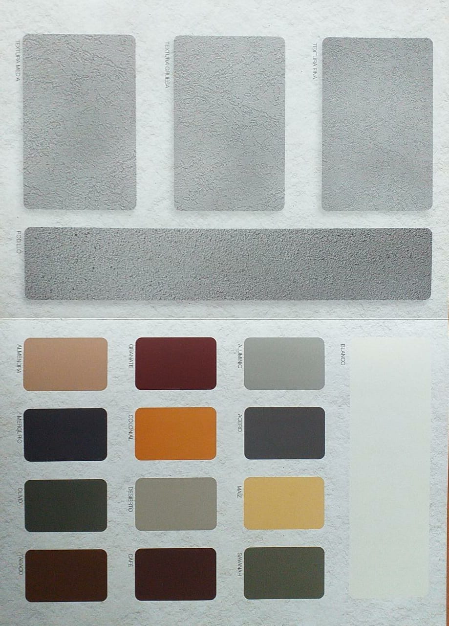 Muestras y muestras de color: varios tonos de gris y rectángulos de colores.