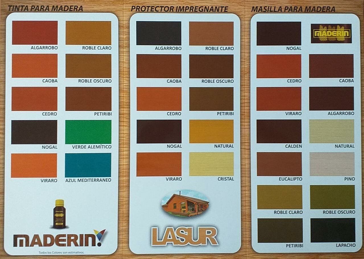Muestras de color para tintes para madera de Maderin y Lasur.