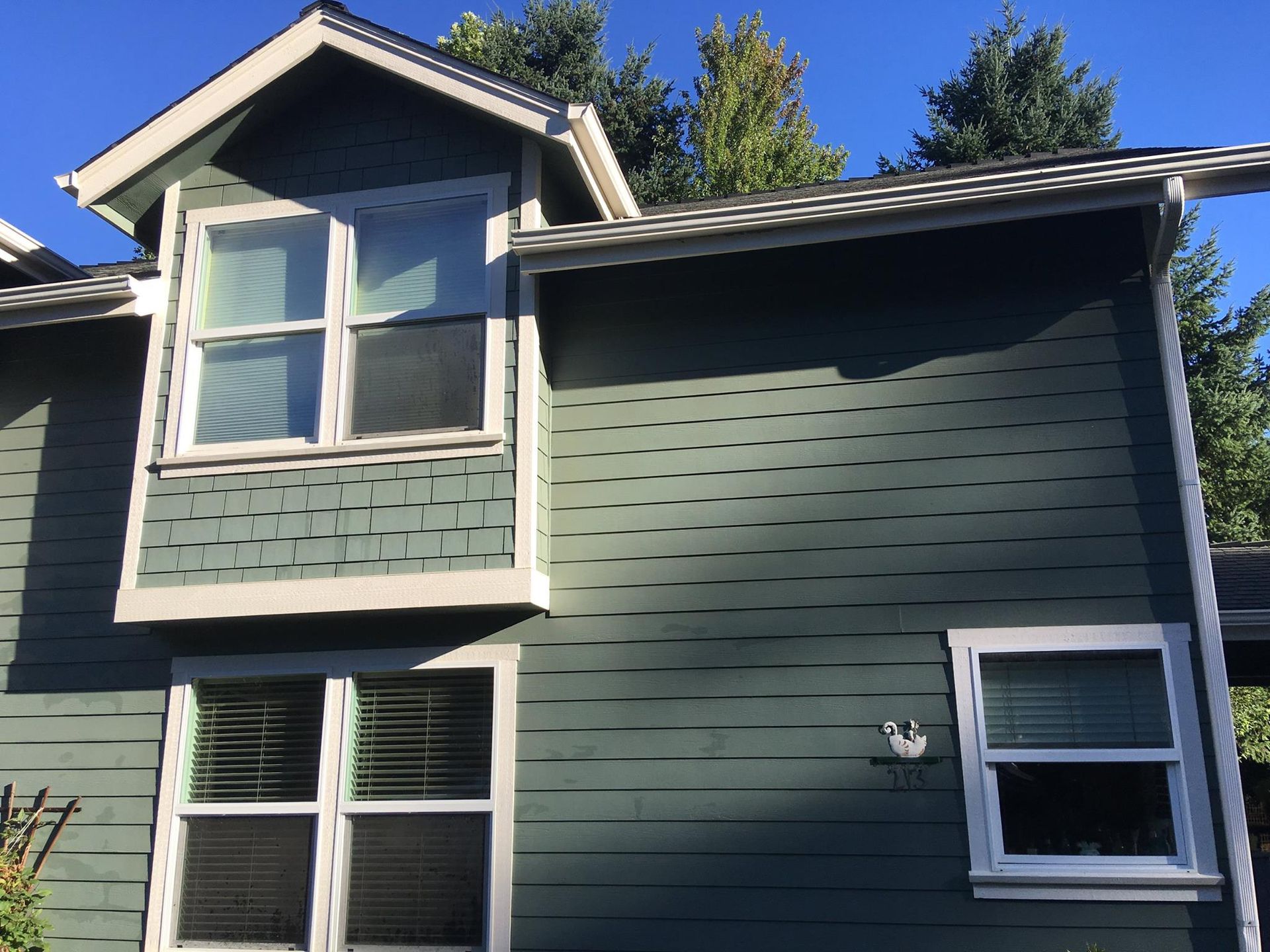 Green house with white trim, windows, and a small bay window. Sunlight casts shadows.