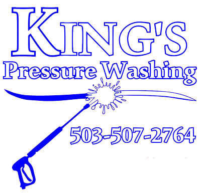 King's Pressure Washing logo: Blue text and pressure washer illustration, with phone number 503-507-2764.