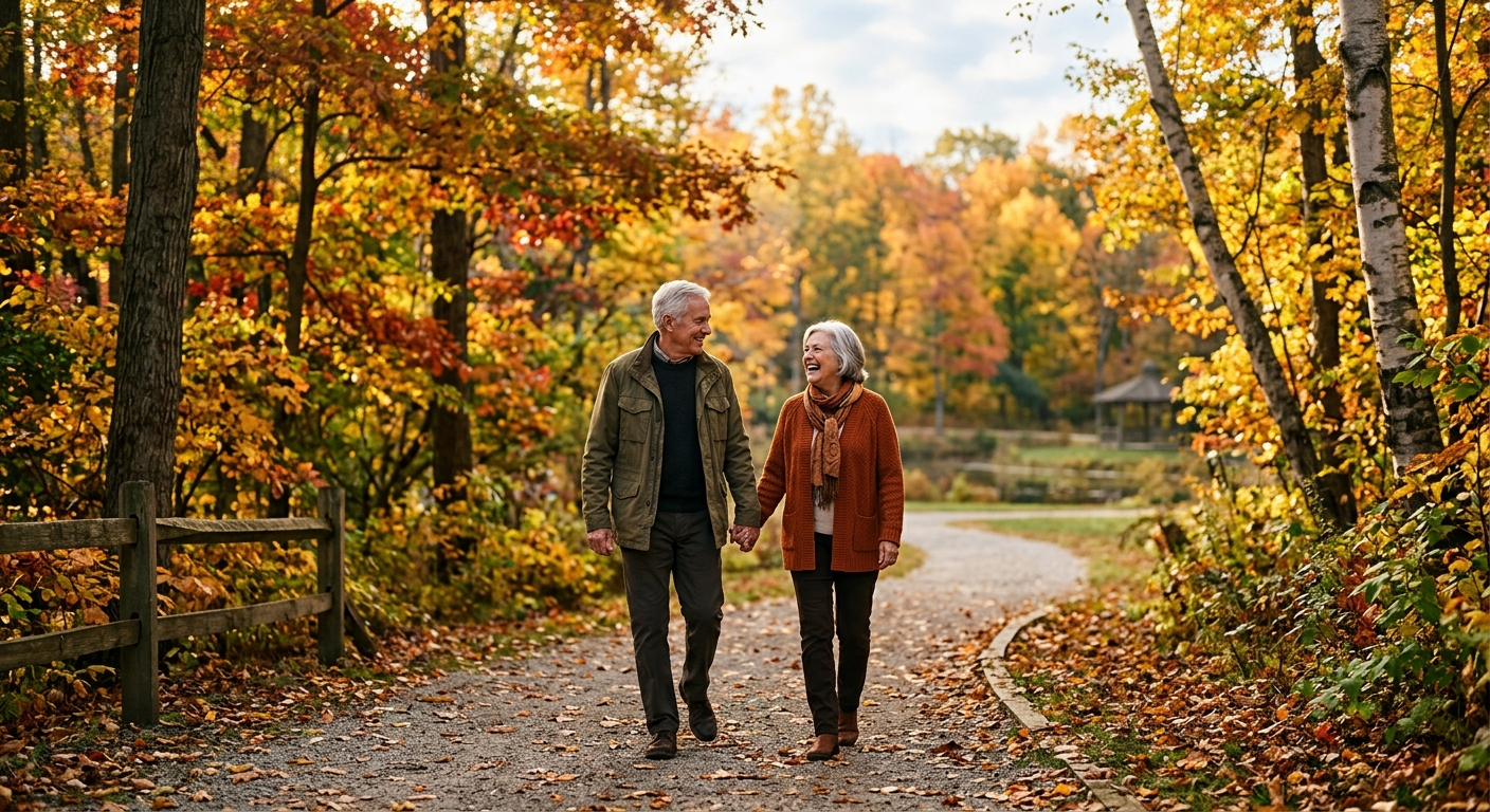Older couple reviewing retirement paperwork at a kitchen table in a cozy Ohio home on a winter afternoon