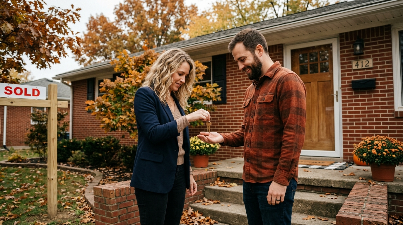 A two-story brick Ohio home in a leafy suburban neighborhood on a cloudy fall day