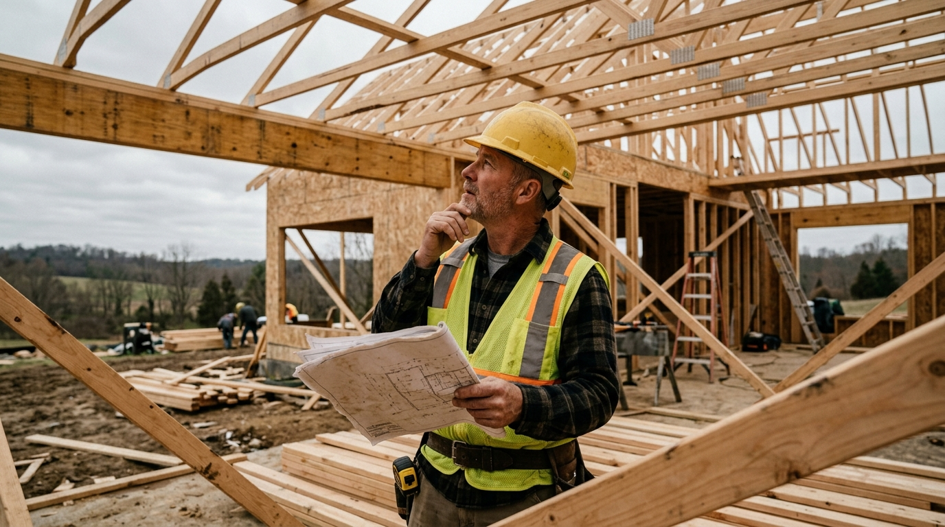 Construction crew framing a wood-structure home on a partly cloudy Ohio day with lumber and materials staged on site