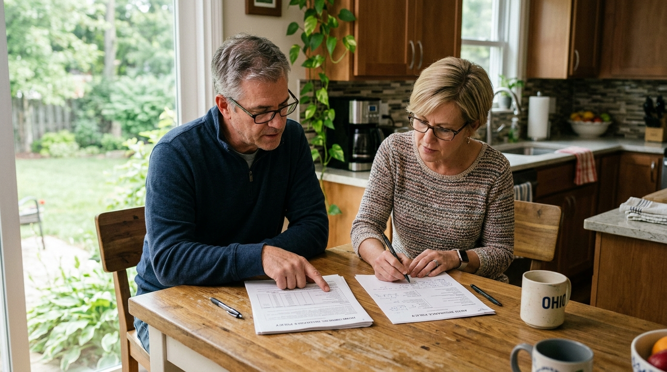 Ohio family reviewing home and auto insurance documents at a kitchen table with a laptop open to an insurance quote