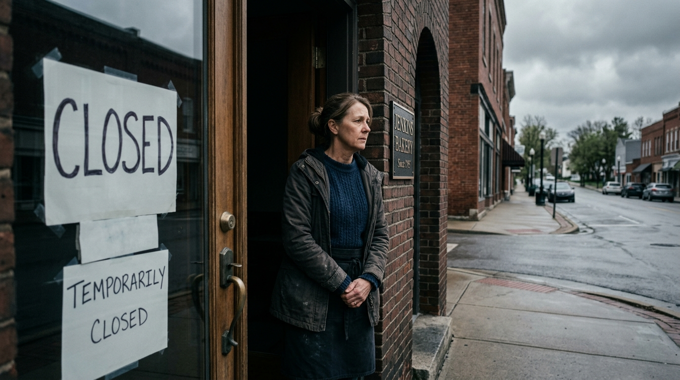 Ohio small business owner reviewing financial documents at a closed storefront after a fire damage incident