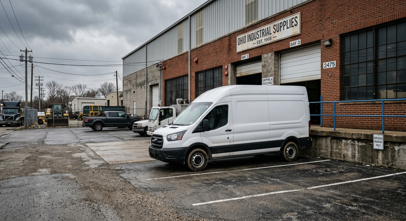 A white commercial delivery van parked outside an Ohio small business on a clear morning
