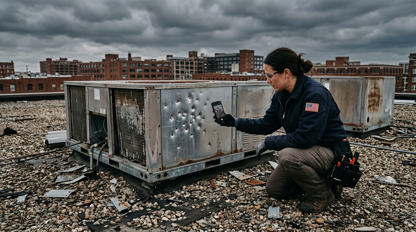 Hail-damaged flat roof on an Ohio commercial building with dented HVAC units and debris after a storm