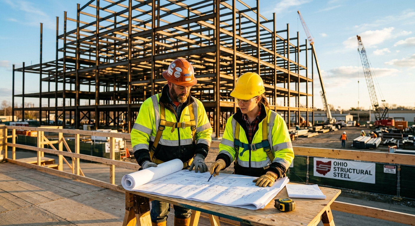 Construction workers in hard hats reviewing blueprints at an active Ohio building site with framing visible in background