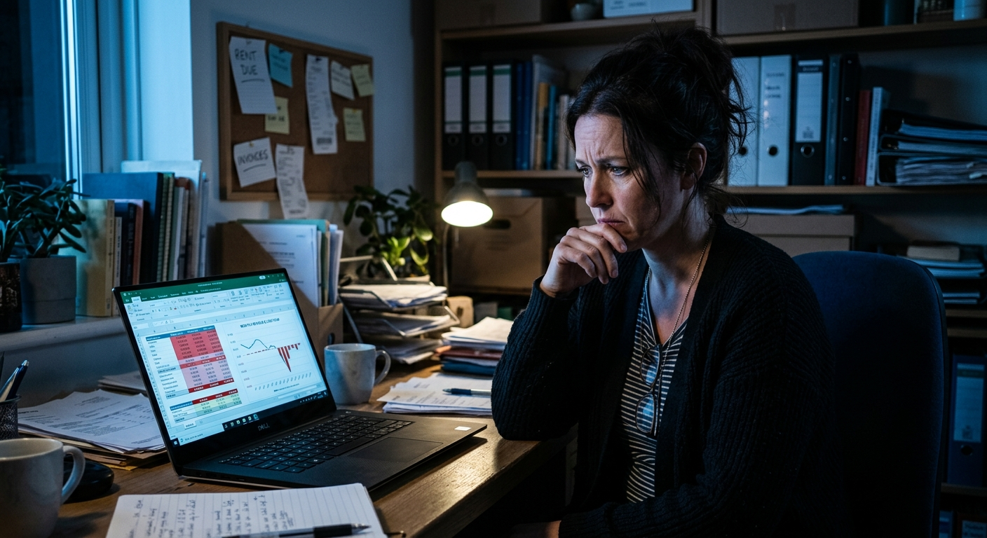 Small business owner in Ohio reviewing cybersecurity documents at a desk with a laptop showing a security alert
