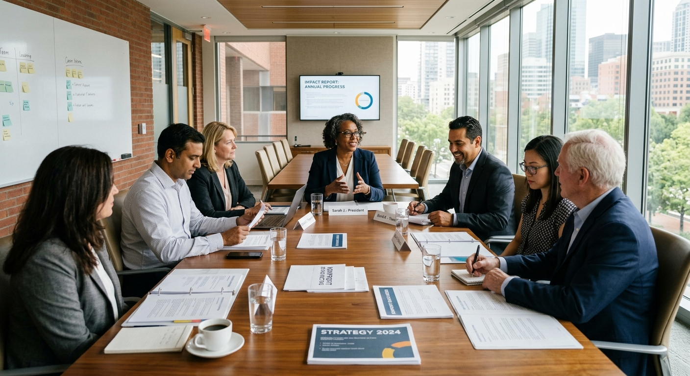 A group of nonprofit board members reviewing documents at a conference table in a modern Ohio office