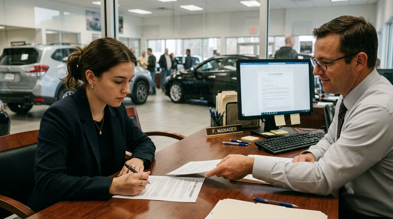 Ohio driver reviewing auto loan paperwork at a dealership desk with keys and a car visible in the background