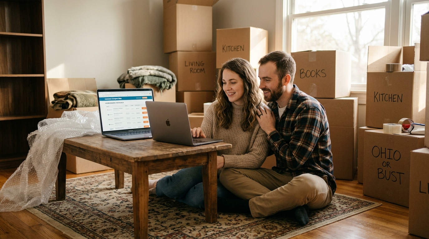 Ohio couple reviewing home and auto insurance documents at a kitchen table with a laptop open showing insurance quotes