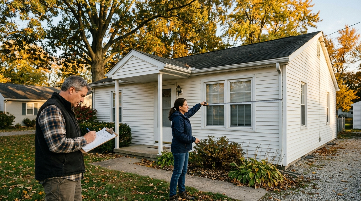 A modest two-story Ohio home with a well-kept lawn on a quiet residential street in late autumn