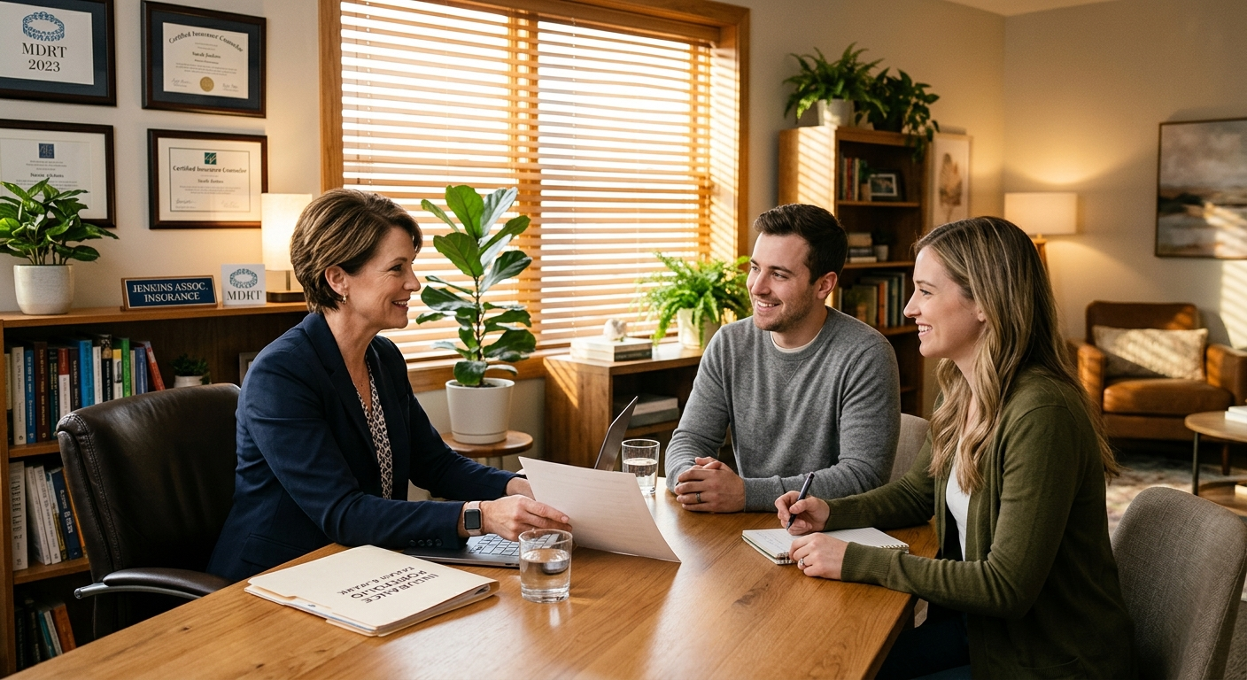 Independent insurance agent sitting across a desk from an Ohio couple, reviewing policy documents in a local office