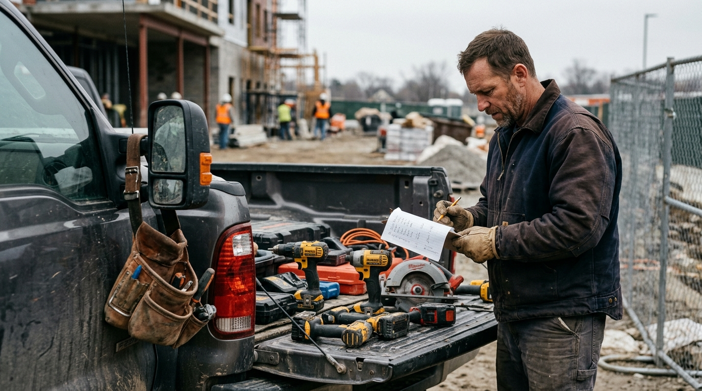 Contractor's tools and equipment loaded on a trailer at an Ohio job site on a cloudy morning