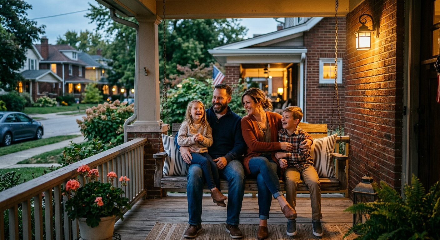 Ohio family sitting at a kitchen table reviewing life insurance documents with an agent