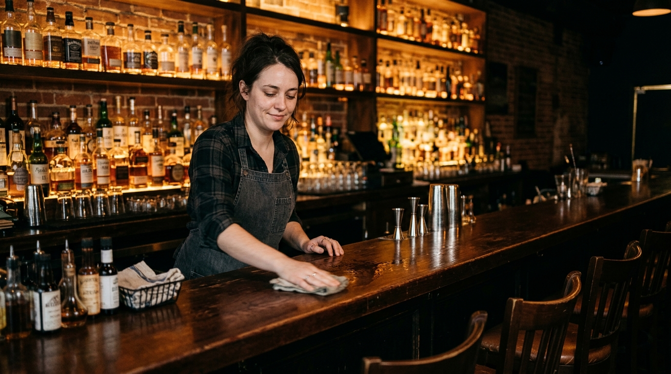 Bartender pouring a drink at a wood bar inside an Ohio restaurant on a busy evening