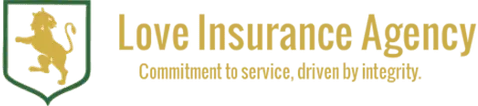 Logo for Love Insurance Agency featuring a gold lion inside a green shield with the text