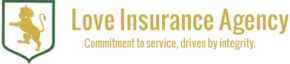 Logo for Love Insurance Agency featuring a gold lion inside a green shield with the text