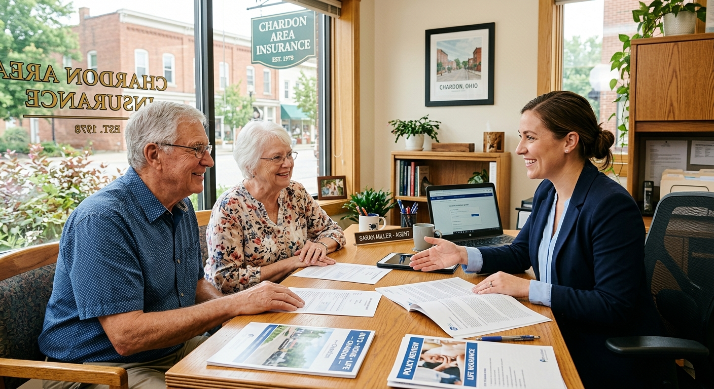 Older couple sitting at a kitchen table reviewing Medicare plan documents with a local insurance broker in Chardon Ohio