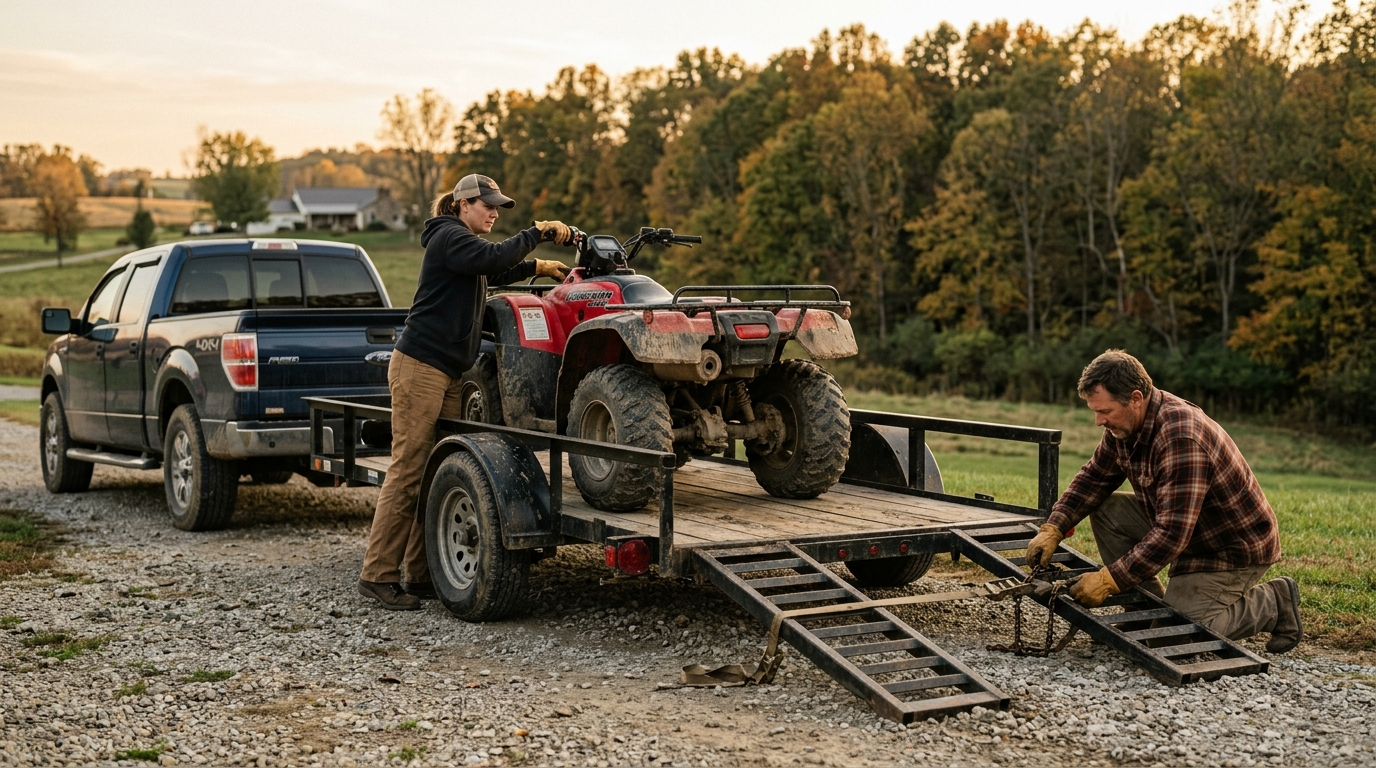 Two riders on ATVs navigating a muddy trail through Ohio woodland in autumn