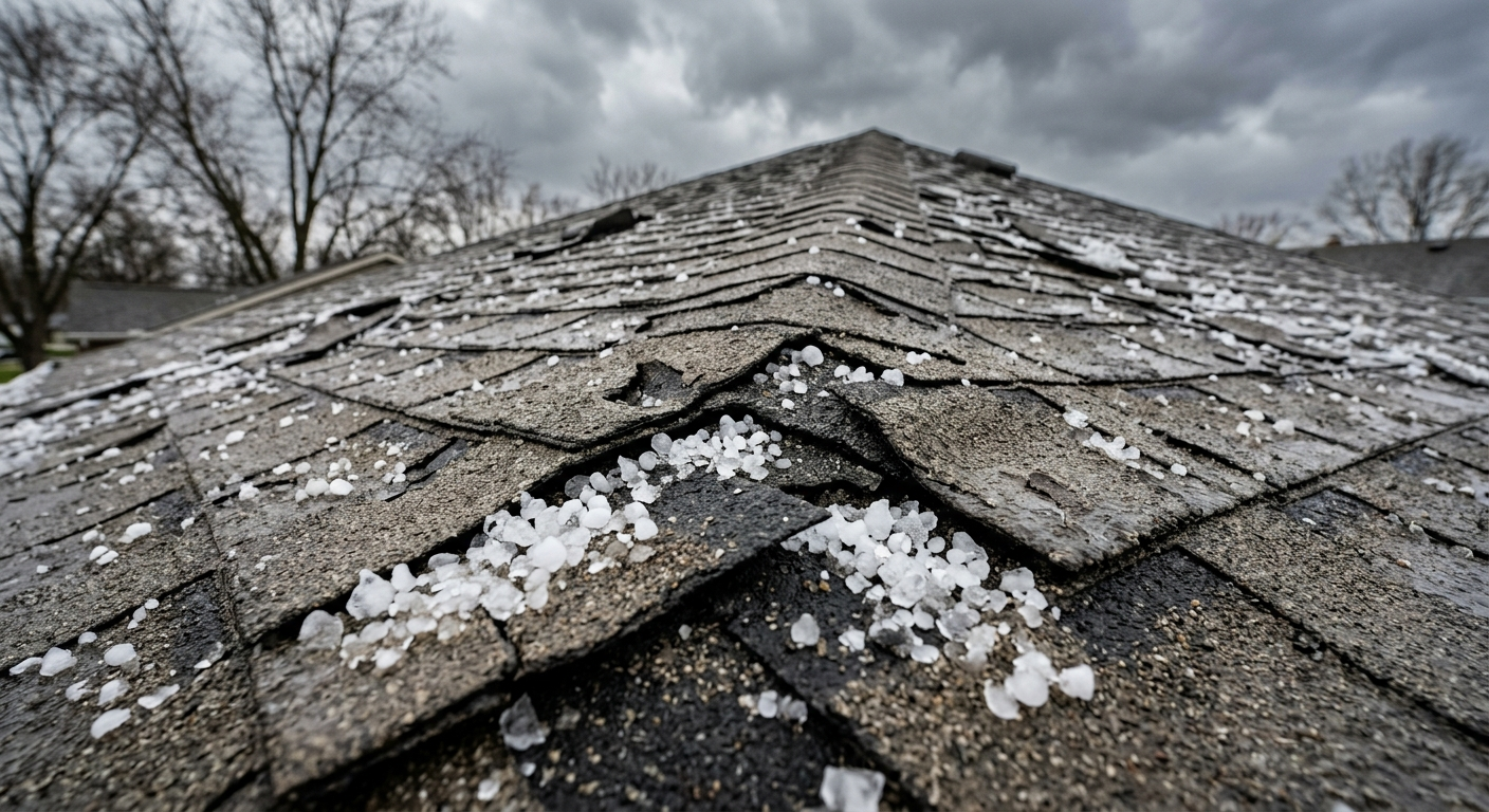 Large hail stones covering a residential shingle roof in northeast Ohio after a summer storm