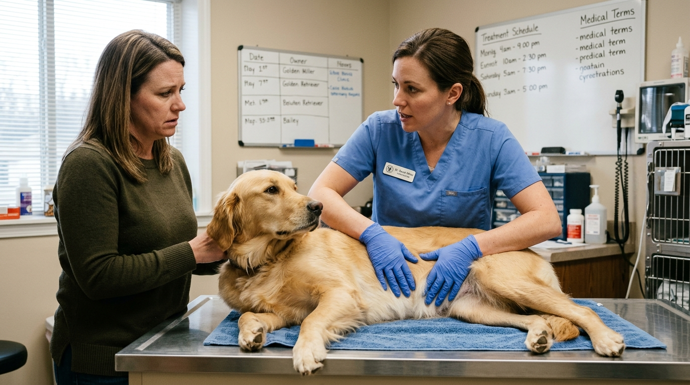 A golden retriever puppy sitting on an exam table at an Ohio veterinary clinic with a vet gently examining it