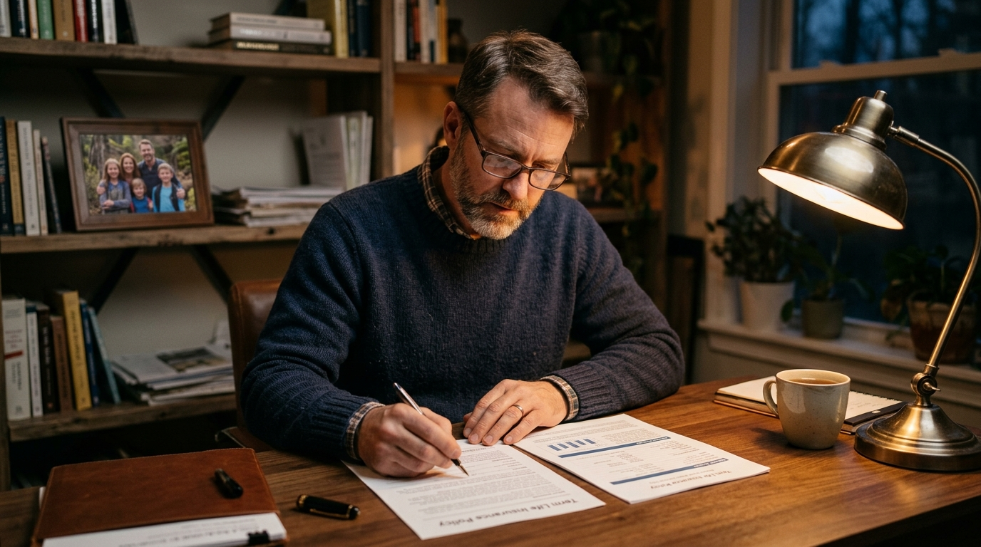 Ohio family sitting at a kitchen table reviewing life insurance documents with an agent