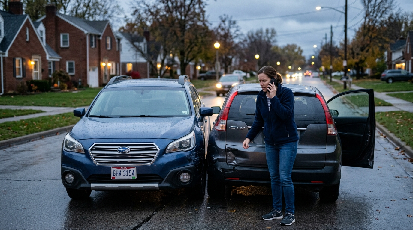 Ohio highway at dusk with two cars pulled over after a fender-bender, one driver on the phone with an insurance agent