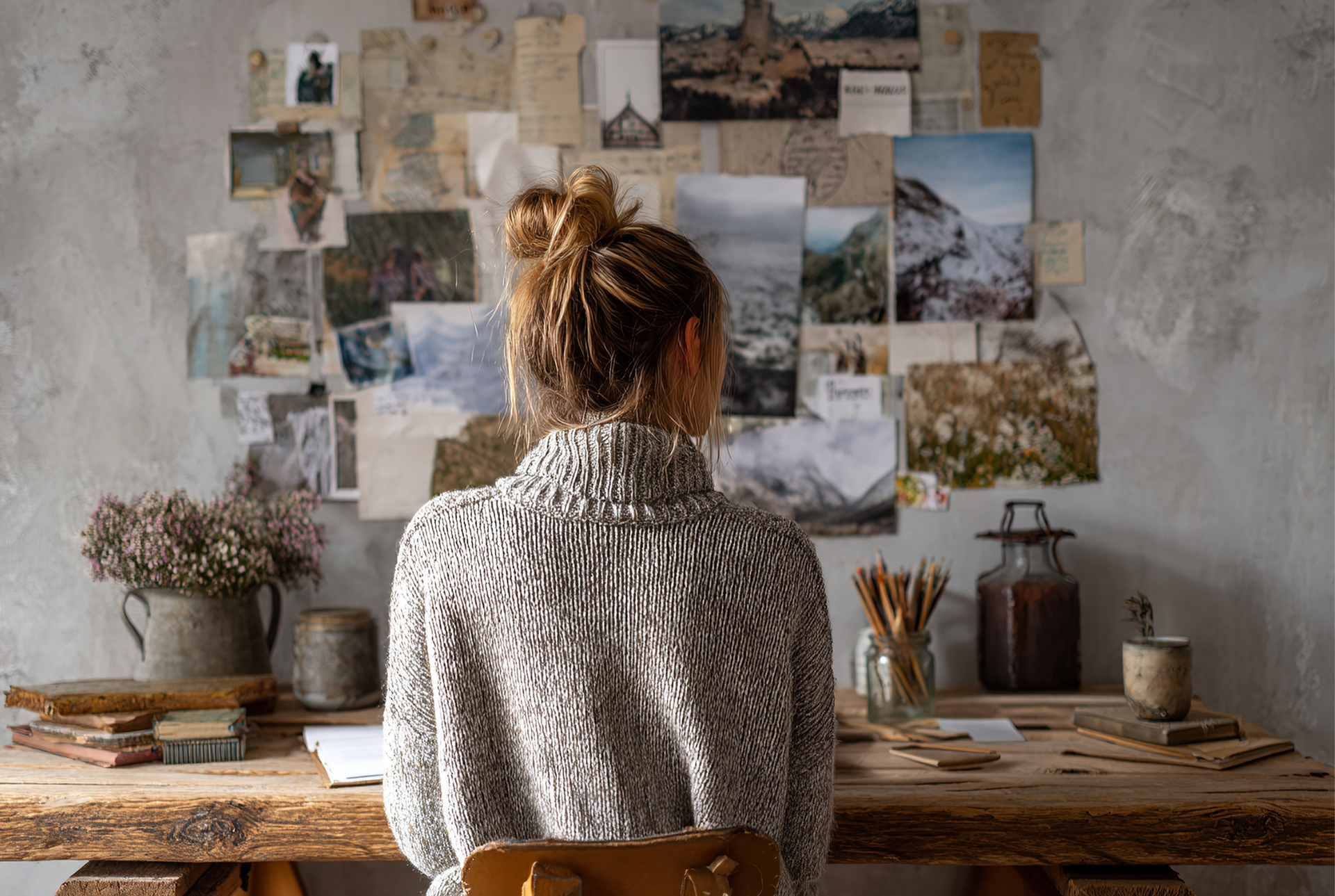 Woman with gray sweater sitting at desk facing travel postcards